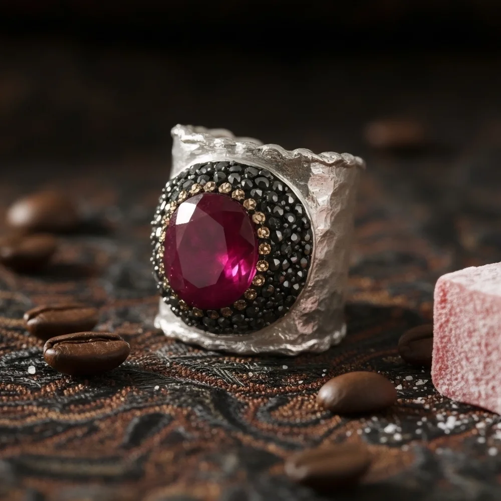 Boho Glam Ruby Gemstone Adjustable Turkish Handmade Wide Silver-Plated Ring